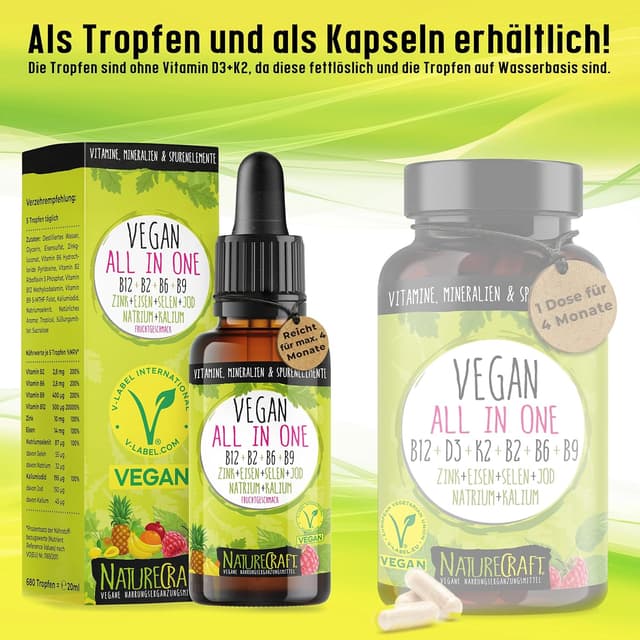 Detalle de Vegan All-in-One Tropfen mit B12/B2/B6/B9, Zink, Eisen, Selen & Jod (20 ml) – NatureCraft