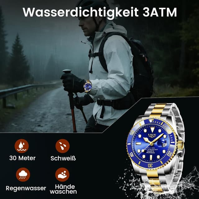 Detalle 2 de LIGE Herren-Uhr analog aus Edelstahl mit Quarzwerk, Kalenderfunktion und 3ATM Wasserschutz