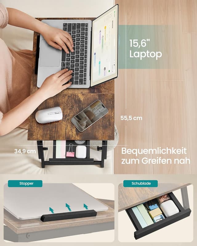Detalle de SONGMICS LLD105B01 Laptoptisch fürs Bett: höhen- und winkelverstellbar, bis 15,6 Zoll, klappbar mit Schublade