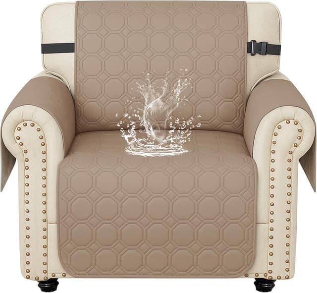 Detalle de Ystyle copridivano impermeabile 1 posto con braccioli, antiscivolo e tasca laterale – caffè chiaro