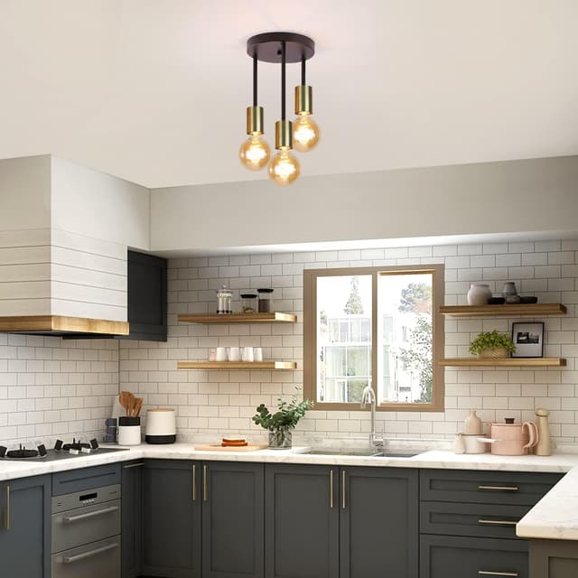 Detalle de CBJKTX Vintage Deckenleuchte mit 3 Spots und E27-Fassungen, Schwarz-Gold, Retro-Industrial Look