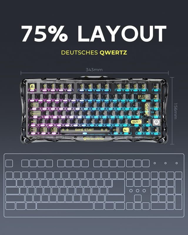 Detalle de GravaStar Mercury K1 Lite QWERTZ mechanische 75%-Tastatur (DE-Layout) – Tri-Mode kabellos & Hot-Swap – RGB, transparentes Schwarz