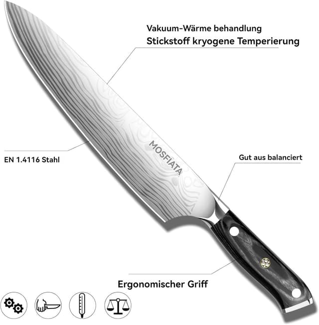 Detalle de MOSFiATA Kochmesser 10 Zoll aus EN1.4116 Stahl – extrem scharf, für Fleisch und Profiküche