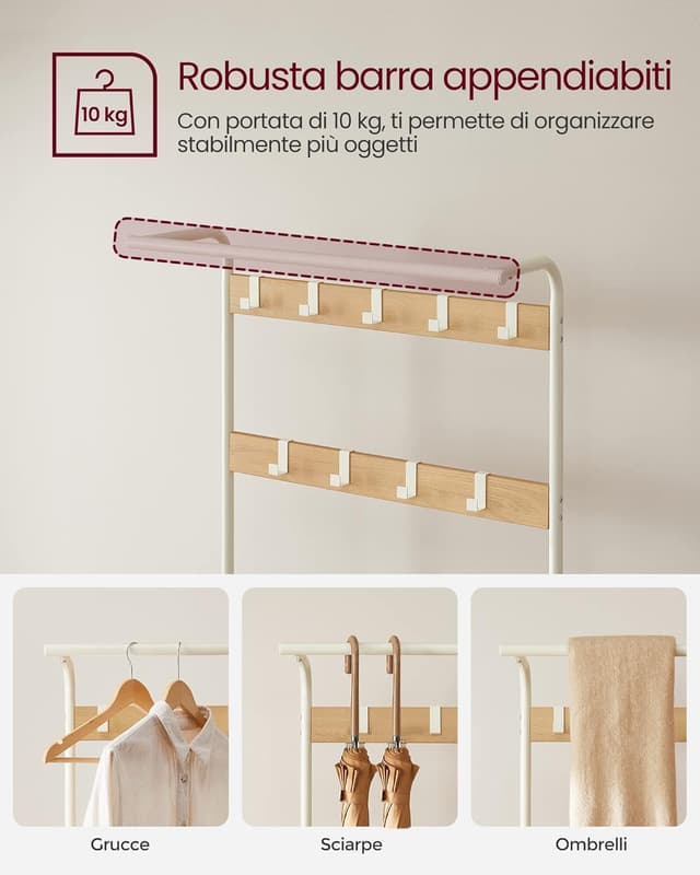 Detalle 2 de VASAGLE Appendiabiti con scarpiera HSR40W: mobile 4 in 1 da ingresso con panca e 9 ganci