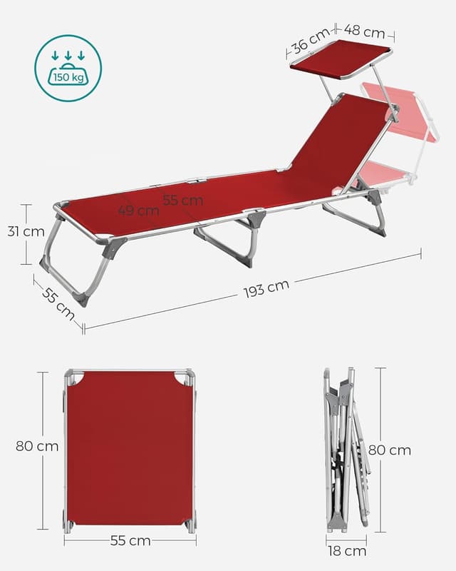 Detalle de SONGMICS Bain de Soleil pliable GCB19RD : transat rouge avec pare-soleil et dossier inclinable