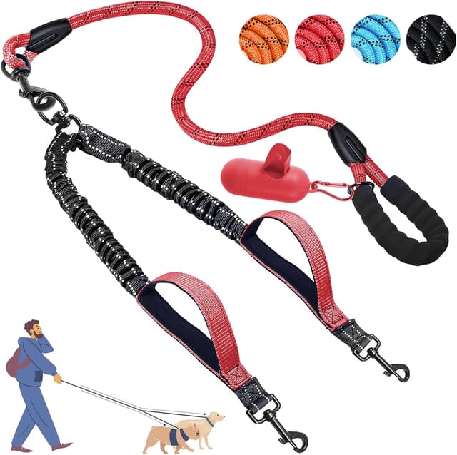 Detalle de Blanlody Double Dog Lead for Walking 2 Dogs (No-Tangle) with 360° Swivel, Reflective Bungee and Padded Handles