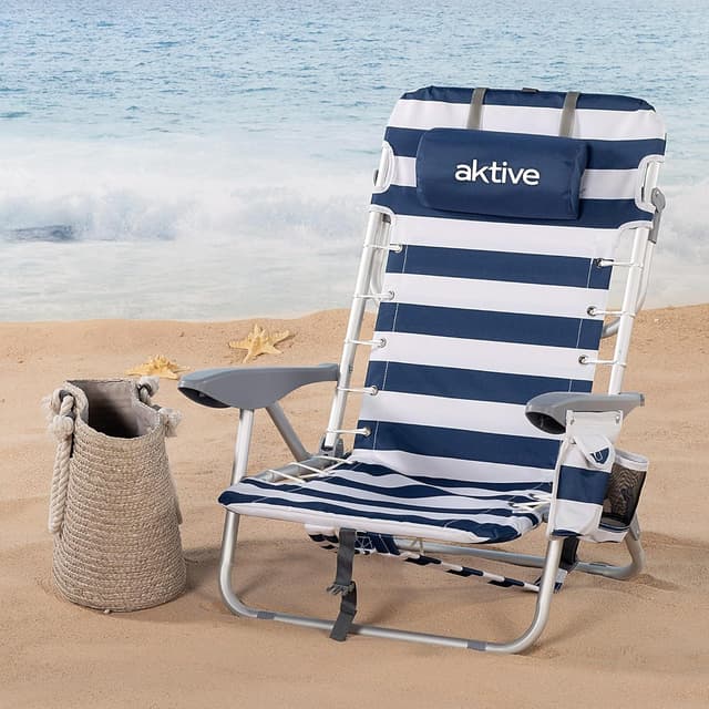 Detalle de AKTIVE Chaise de plage pliante et inclinable 4 positions rayures bleues et blanches