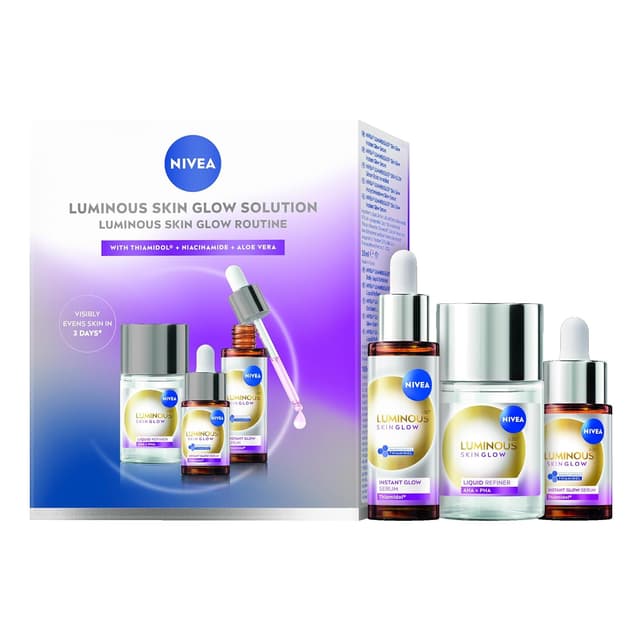 Detalle de NIVEA Luminous630 Skin Glow Set – Gesichtspflege mit Instant Glow Serum, Liquid Refiner (AHA/PHA) & Refiner-Peeling