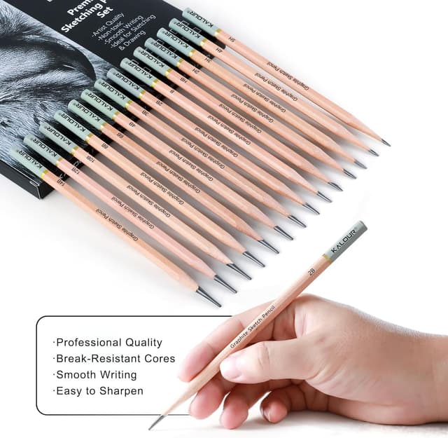 Detalle de KALOUR 18-Piece Professional Sketch Pencil Set (5H to 14B) with Erasers, Sharpener and Blending Stump