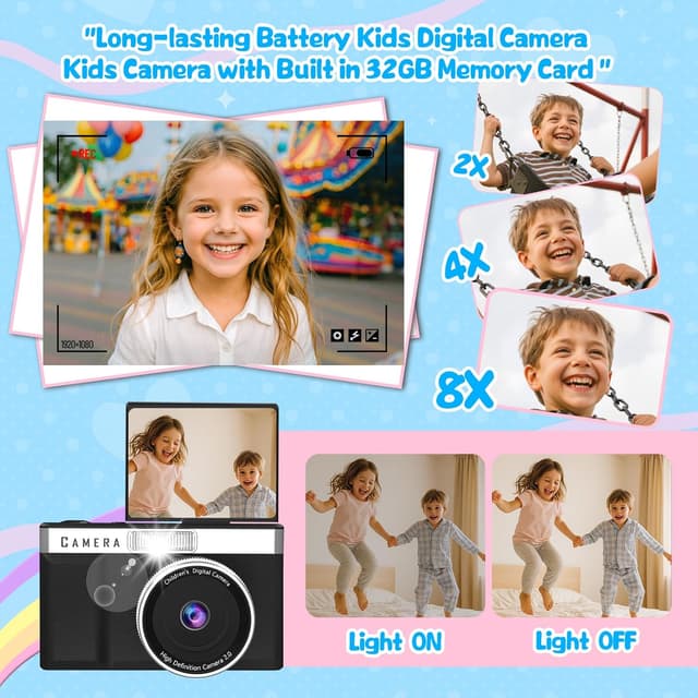 Detalle de Kids Digital Camera with 180° Flip Screen, 32GB Card and 1080P HD Video (Black)