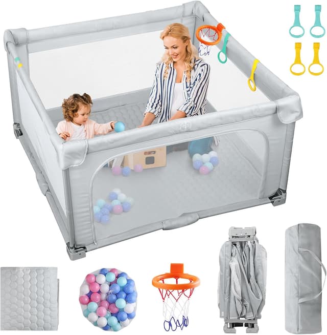 Detalle de eSynic Large Foldable Baby Playpen (127 x 127cm) with Soft Mat, 50 Balls & Hoop