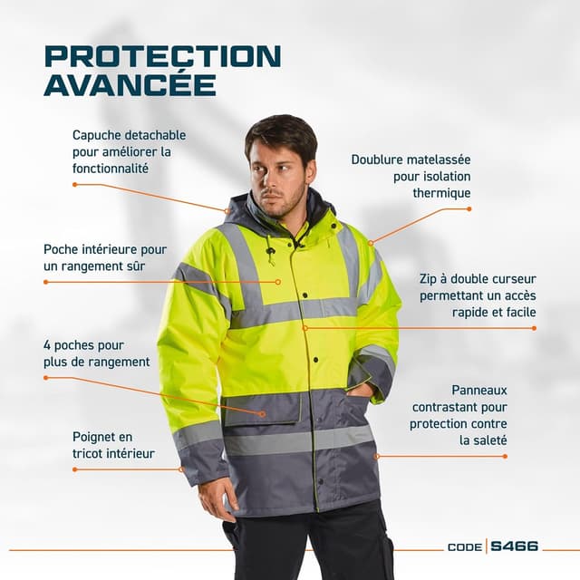 Detalle de Parka bicolore Portwest Parka Bicolore Traffic S466YBRM Jaune/Noir (EN ISO 20471, jusqu’à -40 °C)