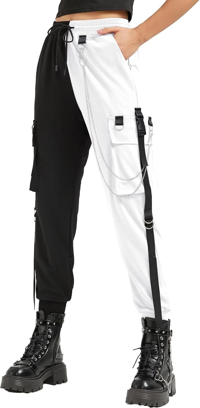 Detalle 2 de MEINVQIAOTI Damen Retro Cargo – weite Cargo-Hose im Retro-/Punk-Look mit Ketten-Details