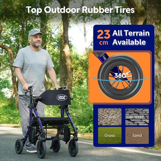 Detalle de VOCIC Déambulateur fauteuil roulant 2 en 1 en aluminium réglable (bleu) – 5 ans de garantie