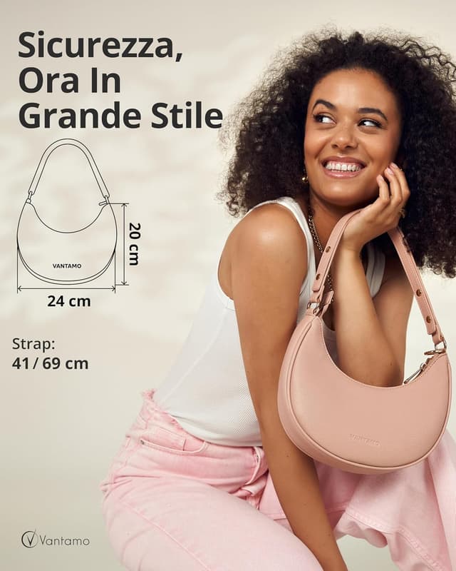 Detalle de Borsa a mezzaluna da donna in ecopelle antifurto RFID con tracolla regolabile e clip anti-borseggio