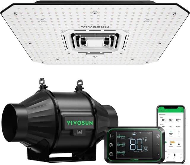 Detalle de VIVOSUN SGS Kit di Filtrazione Aria 100mm con ventilatore inline, GrowHub E42A WiFi e LED 100W
