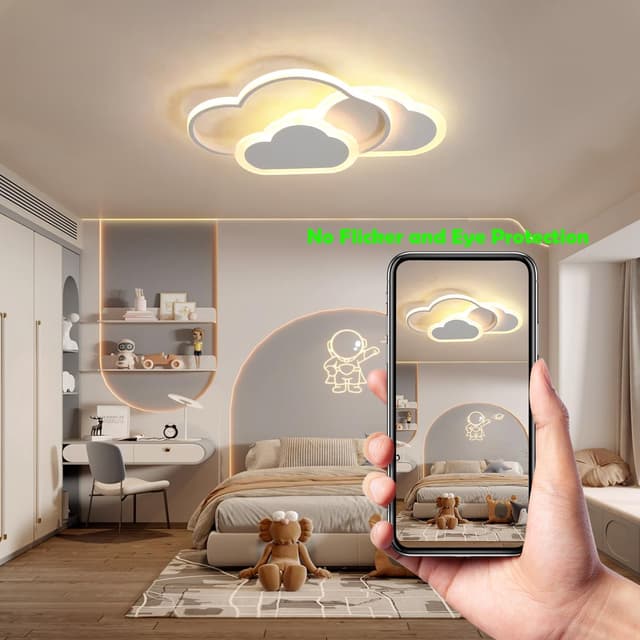 Detalle de YLFXL LED-Deckenleuchte fürs Kinderzimmer mit Fernbedienung (Wolken-Design), 42 cm, dimmbar