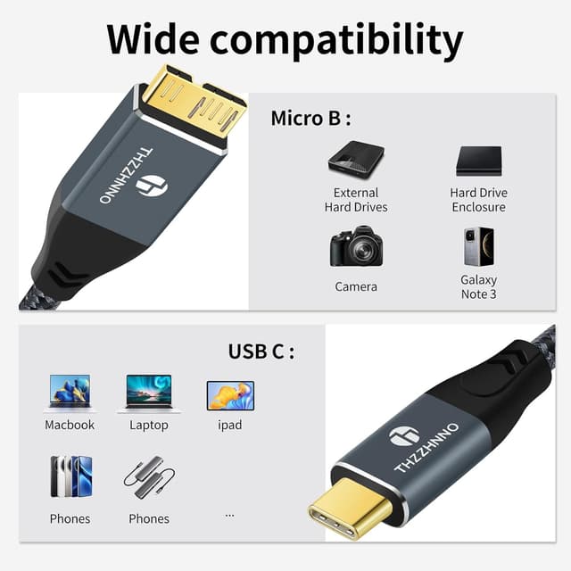 Detalle de Thzzhnno USB‑C auf Micro‑B Kabel (2 m) mit 5 Gbit/s – für externe Festplatten und Geräte mit Micro‑USB‑3.0