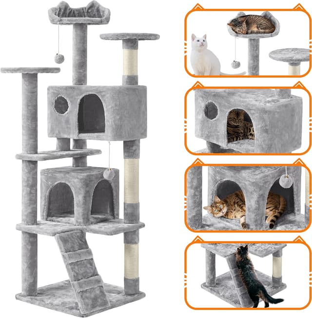 Detalle de Yaheetech Cat Tree 158cm tower with scratching posts, 2 houses and dangling balls (light grey)