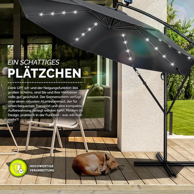 Thumbnail 6 de tillvex Alu Ampelschirm mit LED-Solar-Abdeckung, Kurbel & Windschutz – große Marktschirm-Schattenspende