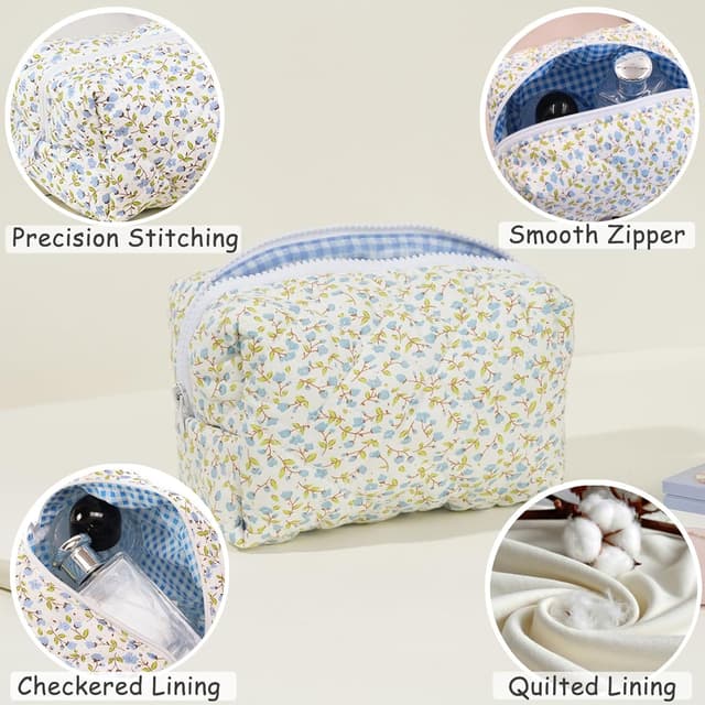Detalle 2 de Trousse de maquillage matelassée Aucuu, grande capacité en coton avec motif floral