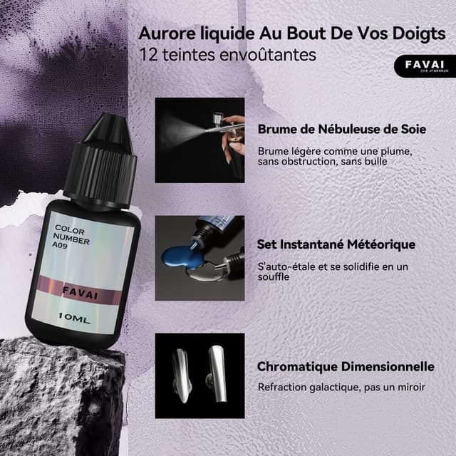 Detalle 2 de FAVAI Aurora Collection (#A) Airbrush Gel – Set de 12 couleurs métalliques iridescentes (baby boomer)