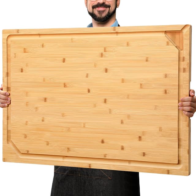 Detalle de 30 x 20 Extra-Large Bamboo Cutting Board with Juice Groove, Handle & Spout Well