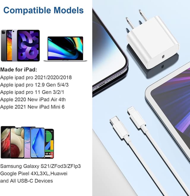 Thumbnail 6 de 20W USB-C iPhone Charger with 10ft USB-C to USB-C Cable (2-Pack) for iPhone 17/16/15, iPad, and USB-C Devices
