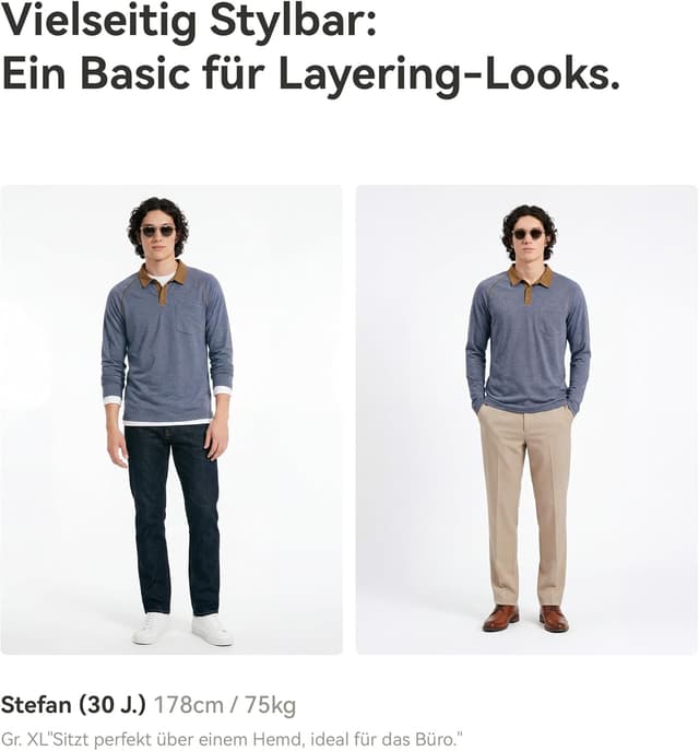 Detalle 2 de GLESTORE Poloshirt Herren Langarm mit Giraffen-Stickerei – Casual Longsleeve Polo