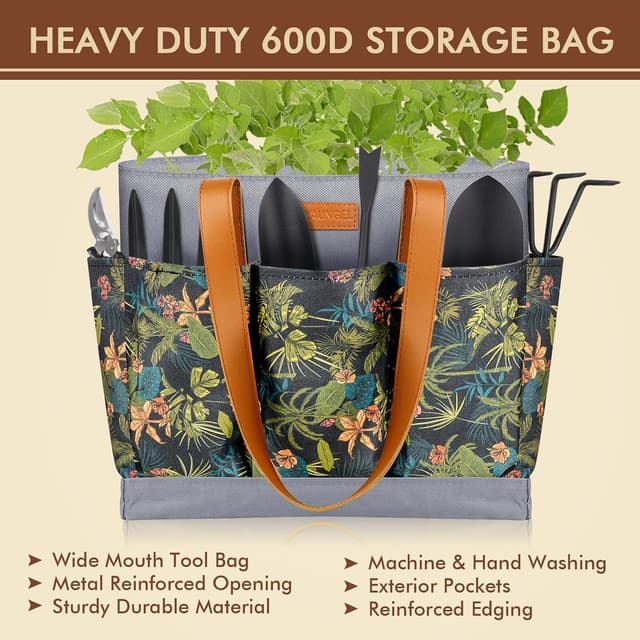 Detalle de YAUNGEL set di attrezzi da giardinaggio in acciaio inossidabile (10 pezzi) con manico in legno antiscivolo e borsa organizer