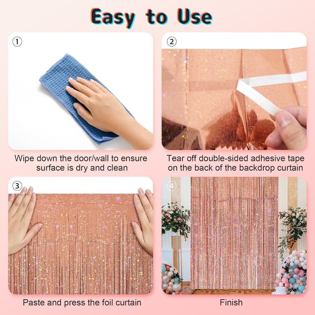 Detalle de KERNOWO Lametta-Vorhang Roségold Glitzer – 2er-Set für Party-Fotoecken