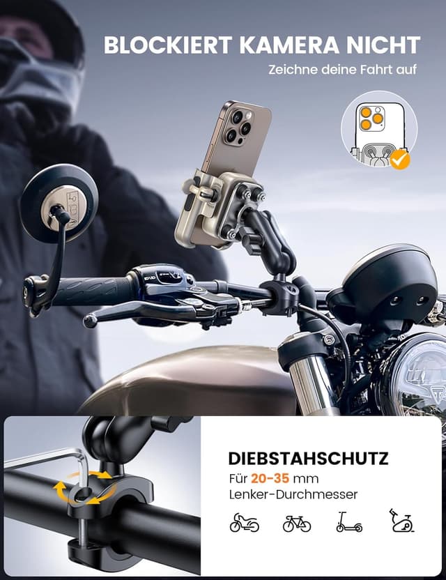 Detalle 2 de Lamicall Handyhalterung Motorrad & Fahrrad – Ganzmetall, vibrationsgedämpft, Lenkerhalter mit Verlängerungsarm (für 4,7–7,2 Zoll)