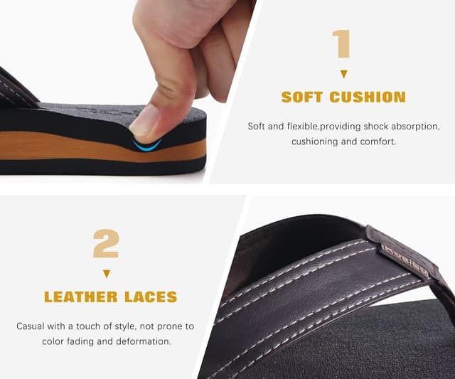 Detalle de KuaiLu men’s leather arch support flip flops – cushioned wide-fit beach sandals with non-slip sole