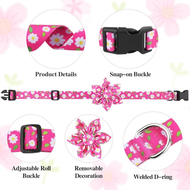 Detalle de BiPawTi Medium Pink Flower Dog Collar with Bloom Decoration (Pink, M)
