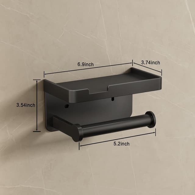 Detalle 2 de VOLDRA Toilettenpapierhalter ohne Bohren mit Ablage – selbstklebend oder schraubbar, matt schwarz