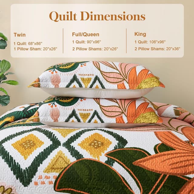 Detalle de Tyrot 3-Piece Boho Floral Quilt Set (Full/Queen) with Reversible Coverlet & 2 Shams, 90 x 96 in