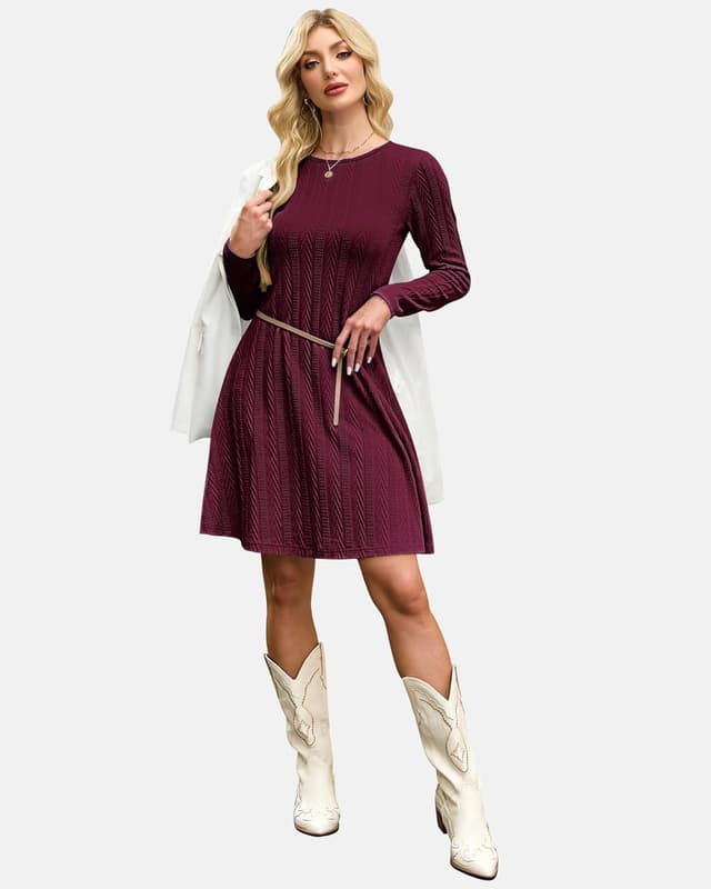 Detalle de AUSELILY Damen Strickkleid Herbst – leichtes Langarm-Kleid mit Rundhalsausschnitt