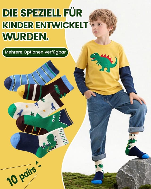 Detalle de Kyopp 10 Paar Kinder-Socken (Mädchen & Jungen) – klassische Crew Socks aus Baumwolle mit lustigen Mustern