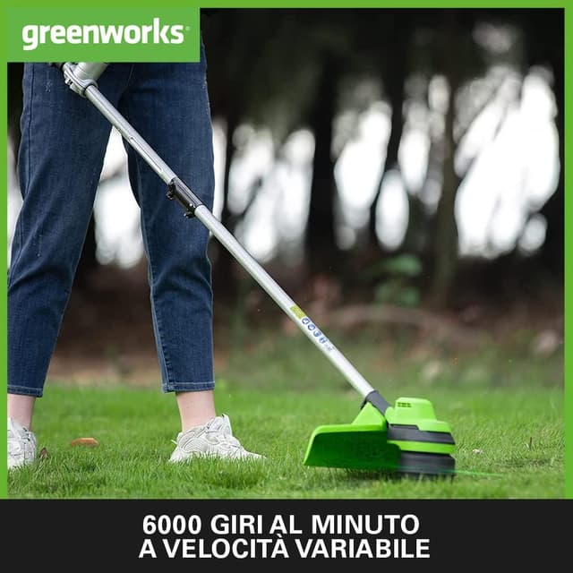 Detalle de Greenworks GD24X2BCBK4x decespugliatore a batteria 48V (24V×2) brushless, con imbracatura e manubrio, taglio 38 cm, filo 2 mm