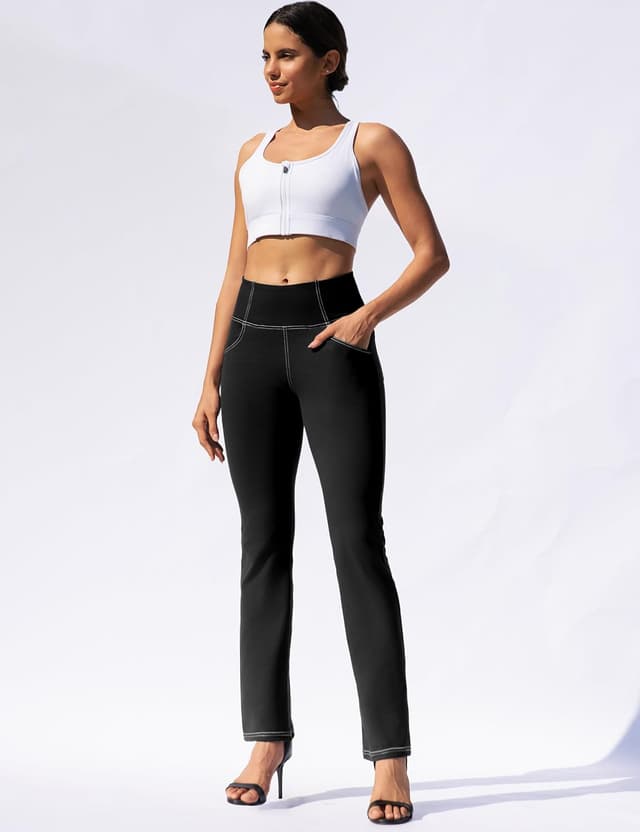 Detalle de VOOVEEYA Women’s Straight-Leg Leggings with Pockets (High Waisted Tummy Control, Bootcut Yoga Pants)