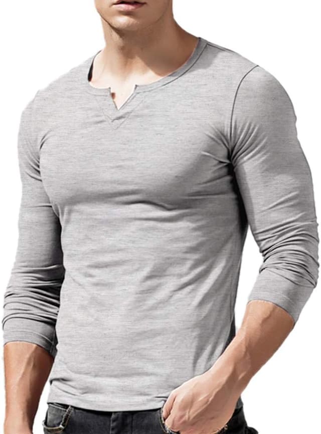 Detalle de T-shirt Henley manches longues coupe slim col en V pour homme en coton avec élasthanne