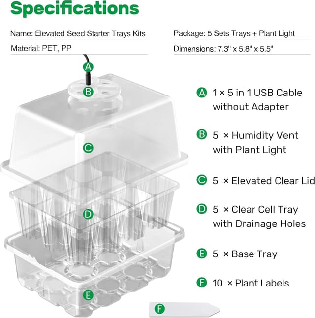 Thumbnail 1 de Bonviee 5 Pack Seed Starter Tray with Grow Light