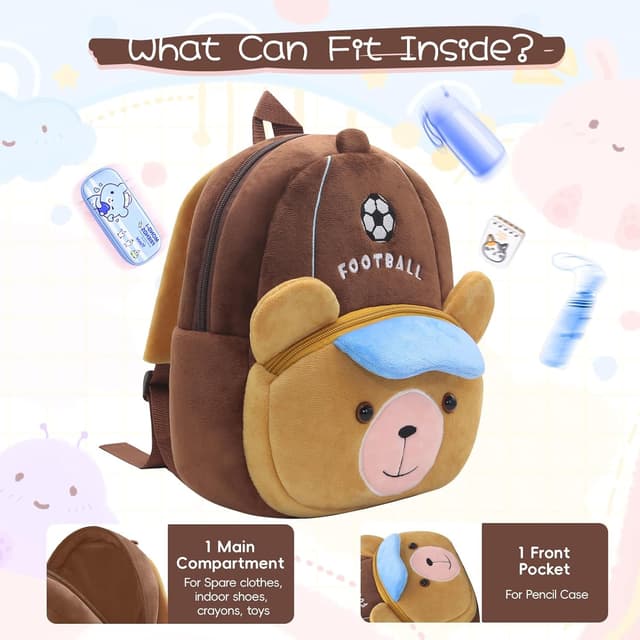 Thumbnail 6 de PROTAURI sac à dos enfant 1 à 4 ans motif ourson footballeur (cartable maternelle léger)