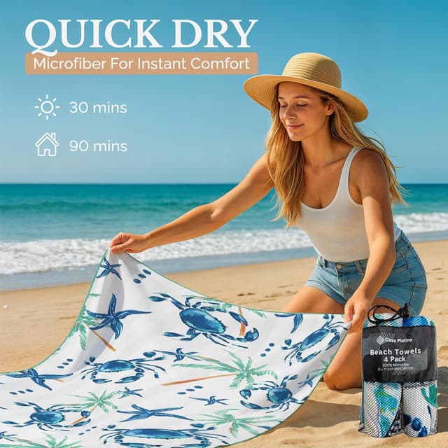 Detalle de Casa Platino 4-Pack Oversized Beach Towels (71" x 32") – Sand-free quick-dry microfiber for pool, ocean & camping