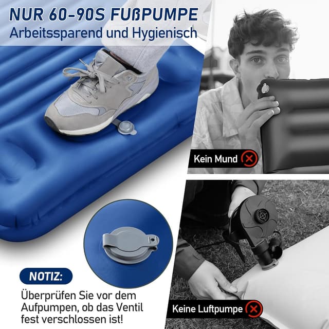Detalle de JEMULICE Isomatte Camping mit 12 cm Komforthöhe und Fußpumpe – ultraleichtes Packmaß für Zelt & Wandern