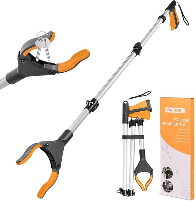 Detalle de YAUNGEL Greifzange für Senioren, faltbar 108 cm mit 360° Drehkopf und Magnet (orange)