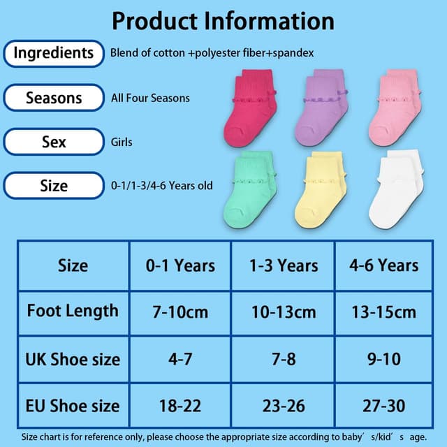 Detalle de GENTABY 15 Pairs Baby Girls Frilly Cotton Socks (0–6 Years) – Pink, White, Yellow & Multicolour