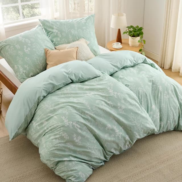 Detalle de BEDSURE Bettwäsche 135x200 (4-teilig) aus Baumwolle, grün mit Pflanzenblumen-Muster, mit Reißverschluss