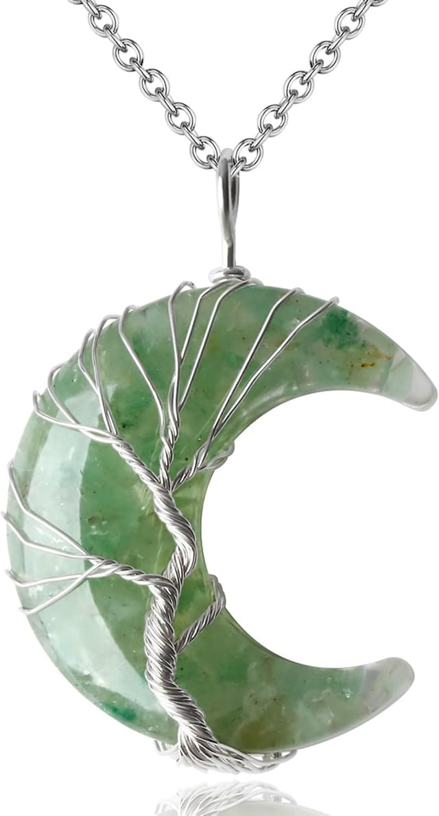 Detalle de XIANNVXI collier en cristaux d’aventurine verte (croissant de lune) et arbre de vie