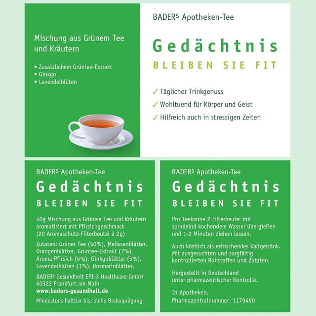 Thumbnail 3 de BADERs Gedächtnis-Tee Gedächtnisgrüner Tee, Melisse, Ginkgo 2x20 Filter